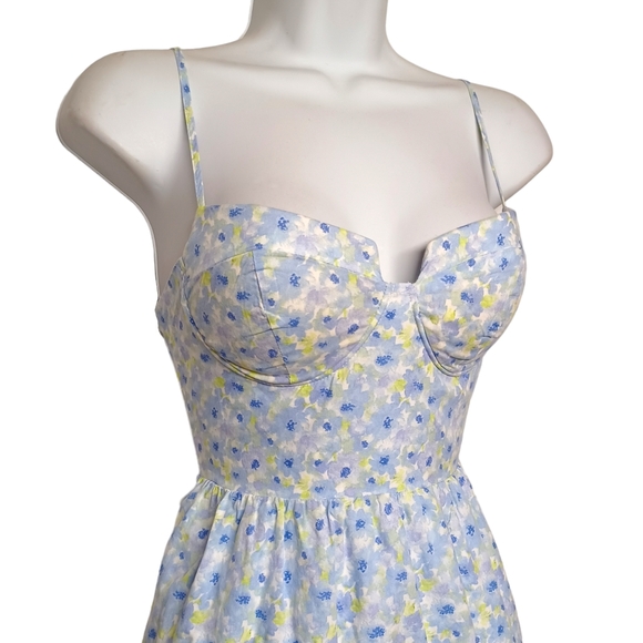 FOREVER 21 Blue Yellow Floral Print Smocked Strappy Sleeveless Mini Dress Small - Picture 2 of 9